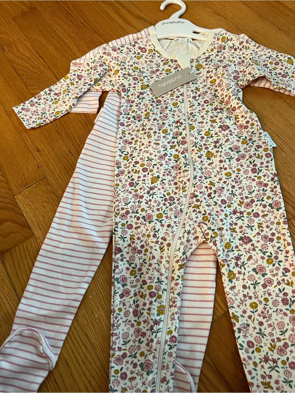 Purebaby White Floral and Pink Stripe Footed One-Piece Set
